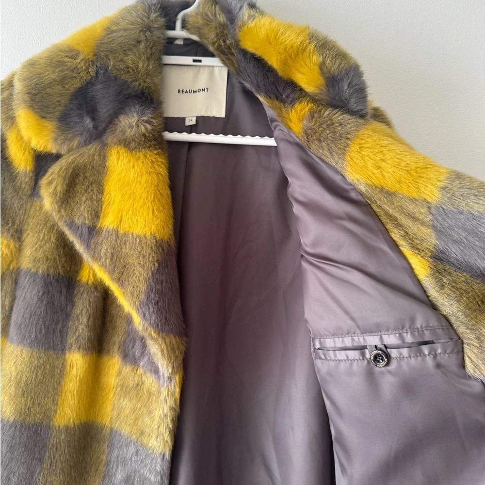 Yellow & purple/ Gray Plaid Faux-Fur Coat - Women's Statement Outerwear - Picture 3 of 6
